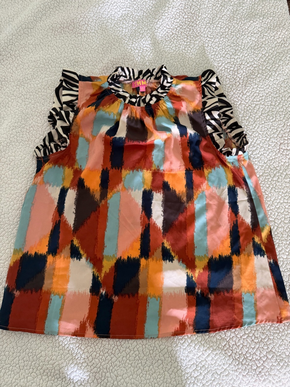 THML Multicolor Brushstroke Sleeveless Top with Zebra Trim